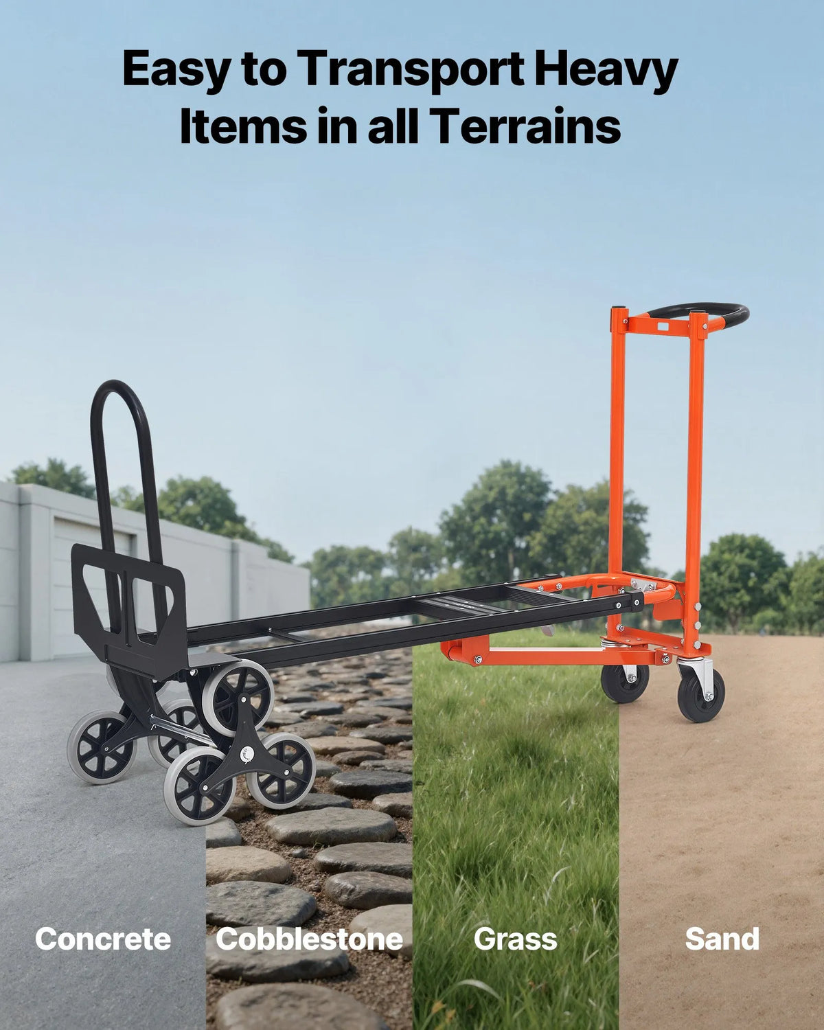 VEVOR 3 in 1 industriālie pārveidojami kāpņu ratiņi, maks. slodze 350 kg, salokāmi rokas ratiņi ar rokturi un riteņiem, kravas pārvietošanai, oranži/sudraba krāsā - ZEMLETES.LV