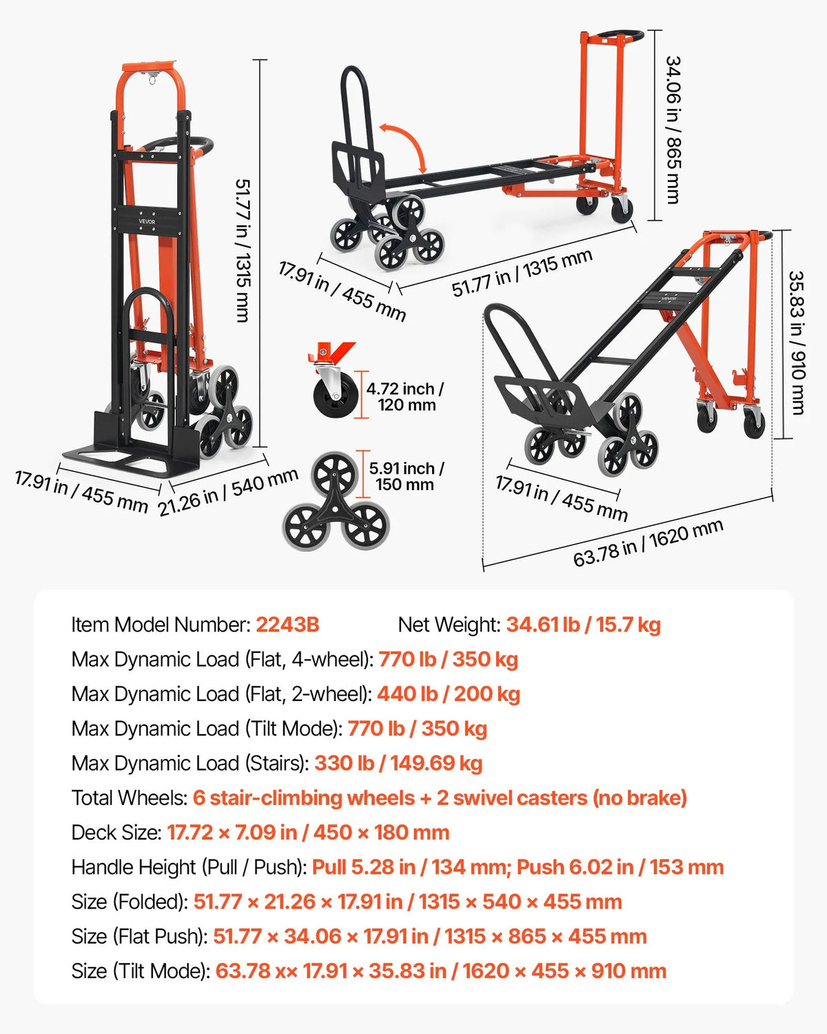VEVOR 3 in 1 industriālie pārveidojami kāpņu ratiņi, maks. slodze 350 kg, salokāmi rokas ratiņi ar rokturi un riteņiem, kravas pārvietošanai, oranži/sudraba krāsā - ZEMLETES.LV