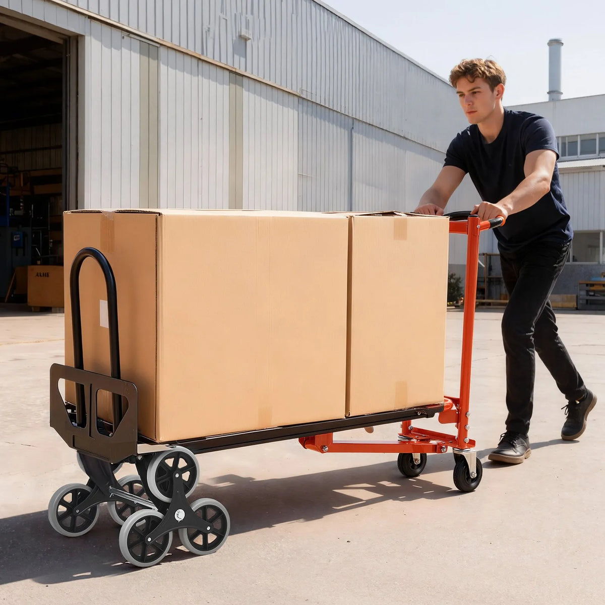 VEVOR 3 in 1 industriālie pārveidojami kāpņu ratiņi, maks. slodze 350 kg, salokāmi rokas ratiņi ar rokturi un riteņiem, kravas pārvietošanai, oranži/sudraba krāsā - ZEMLETES.LV