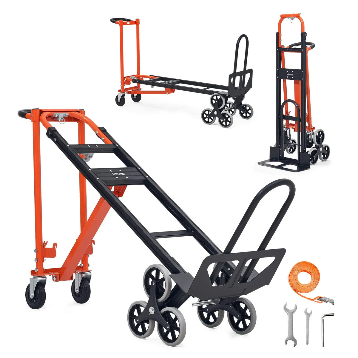 VEVOR 3 in 1 industriālie pārveidojami kāpņu ratiņi, maks. slodze 350 kg, salokāmi rokas ratiņi ar rokturi un riteņiem, kravas pārvietošanai, oranži/sudraba krāsā - ZEMLETES.LV