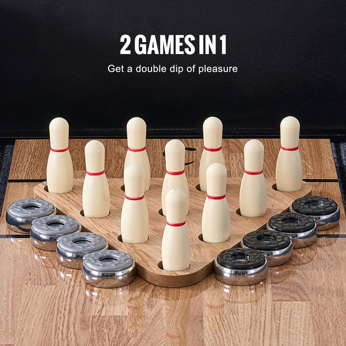VEVOR šaflborda galds 2 - vienā ar boulinga spēli, 274,3 cm šaflborda galds ģimenes spēļu telpai ar skrāpējumiem izturīgu spēles virsmu, 8 ripām, boulinga komplektu, vasku un birsti - ZEMLETES.LV