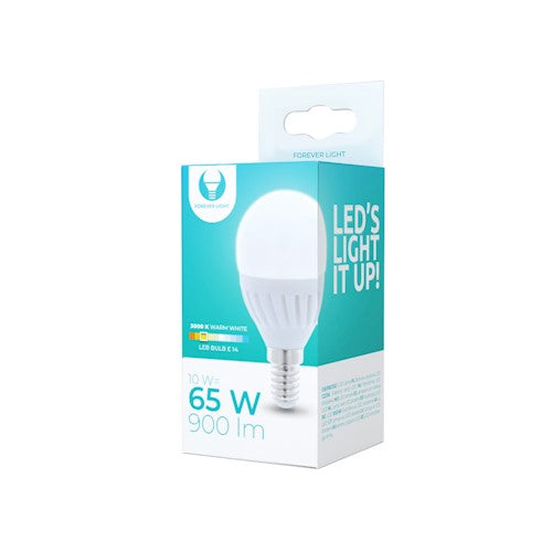 LED spuldze E14 - silti baltā gaisma - G45 10W 230V 3000K 900lm keramiska Forever Light