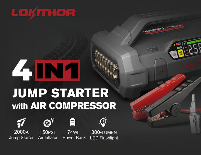 Auto, Moto, Boat Starter (Booster) Lokithor 12V with 2000A startup power, built-in compressor, starter wires, LED lamp, charging dock C-type USB.