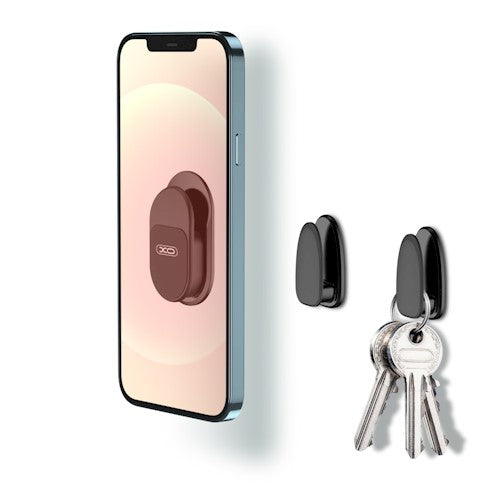 Multifunctional magnetic smart device holder with 2 extra non -magnetic stems, mounted with double -sided adhesive tape at a car panel or other convenient place for you, complete with a magnet and metal plate fixed to your smartphone