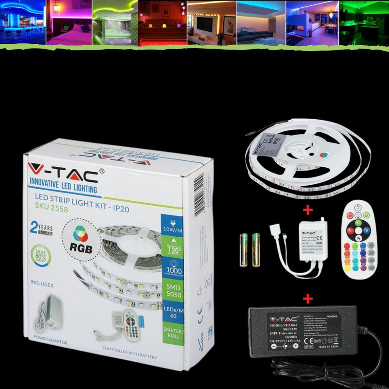 Multicolored (RGB) LED tape kit with remote control. Tape length 5m, power 50W (5000lm). V-TAC