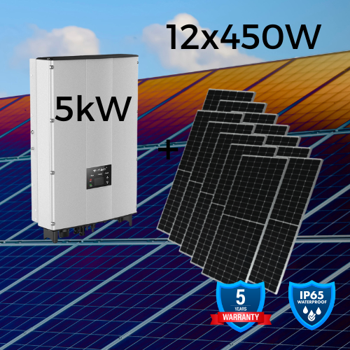 Komplekts - 5 KW trīsfāžu tīkla Invertors "Sadales Tīkla" verificēts, pieejams izvēlei. Ar 12 gab. 450W saules paneļiem. Piecu gadu garantija. IP66. Izņemšana veikalā. (Bez kabeļiem un stiprinājumiem)
