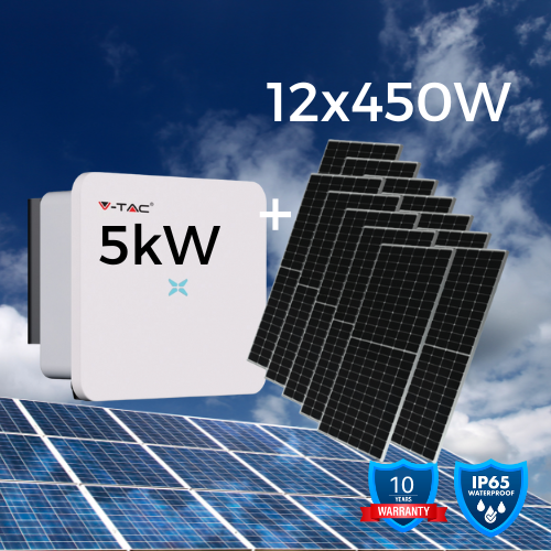 Komplekts - 5 KW Trīsfāžu Tīkla Sertificēts Invertors ar 12 450W saules paneļiem. Desmit gadu garantija. IP66. Izņemšana veikalā. (Bez kabeļiem un stiprinājumiem)