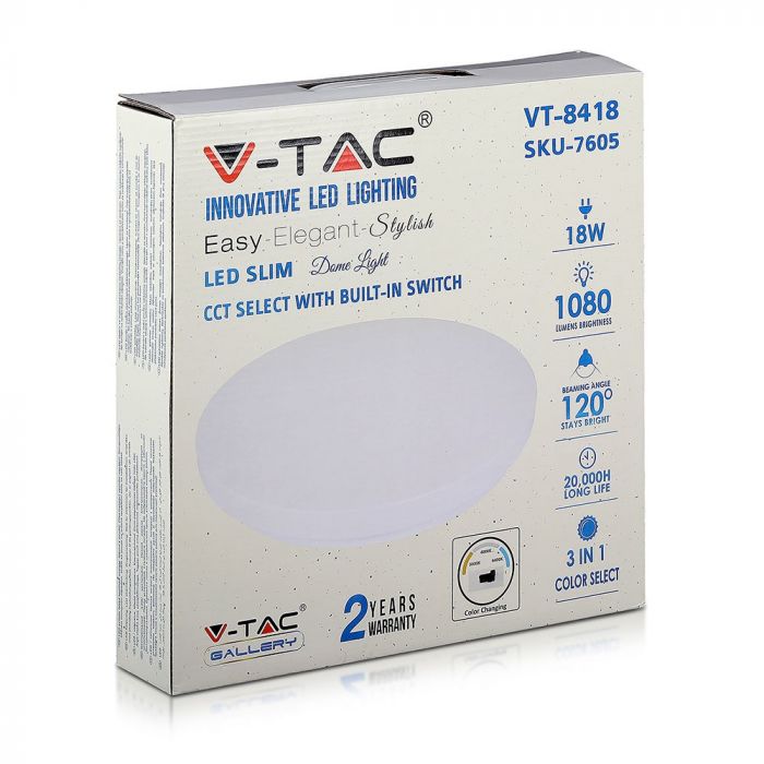 18W(1080Lm) LED plafons, IP20, balts, apaļš, 3in1(maināma gaismas temperatūra 3000K, 4000K, 6400K), V-TAC