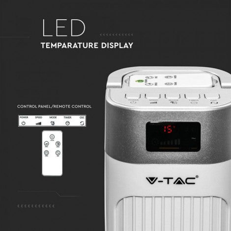 55W V-TAC grīdas ventilators ar LED temperatūras displeju, 3 darba režīmiem, tālvadību,balts