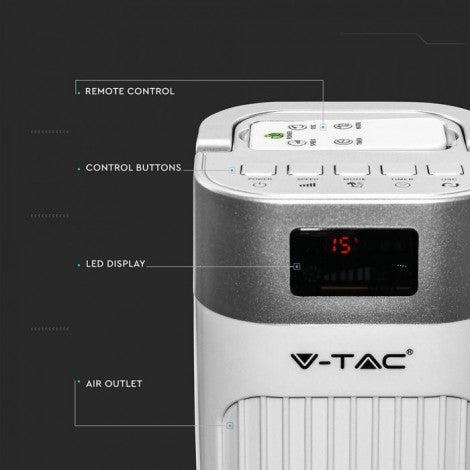 55W V-TAC grīdas ventilators ar LED temperatūras displeju, 3 darba režīmiem, tālvadību,balts