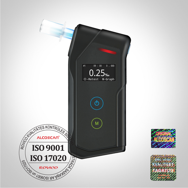 Professional breathalyzer with an electrochemical sensor, suitable for professional use in companies, is also accurately measured at -5 degrees Celsius, retains the results of the last 100 measurements, Alcoscan Universe