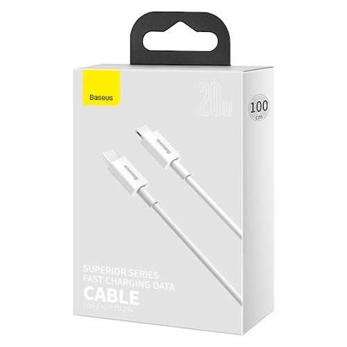 Īpaši ātrās uzlādes kabelis viedierīcēm 20W ar pāreju no iPhone Lightning uz C-Tipa (Type-C) USB, balts. Kabeļa garums 1,0m. Baseus