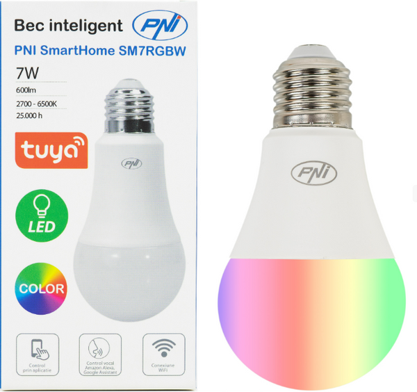 LED smart bulb connecting with smart devices E27 7W (600lm), dimmamable, RGB+white light 2700-6500K, PNI