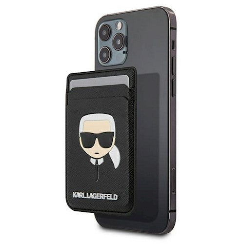Magnetic Apple (Magsafe) card case. Designed for iPhone 12 and later models. Black, Karl Lagerfeld