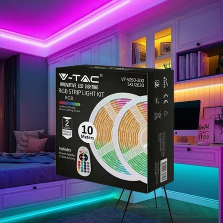 10metri RGB daudzkrāsainas LED Lentes komplekts ar tālvadības pulti un barošanās bloku Lentes garums 10m (2x5m), jauda 48W (5000Lm). V-TAC