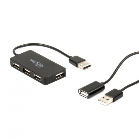 USB centrmezgls (sadalītājs) 4x USB ar 11cm vadu. Papildus 1, 5 m garš vads ar USB ieeju un izeju, melns, Maxlife Home Office
