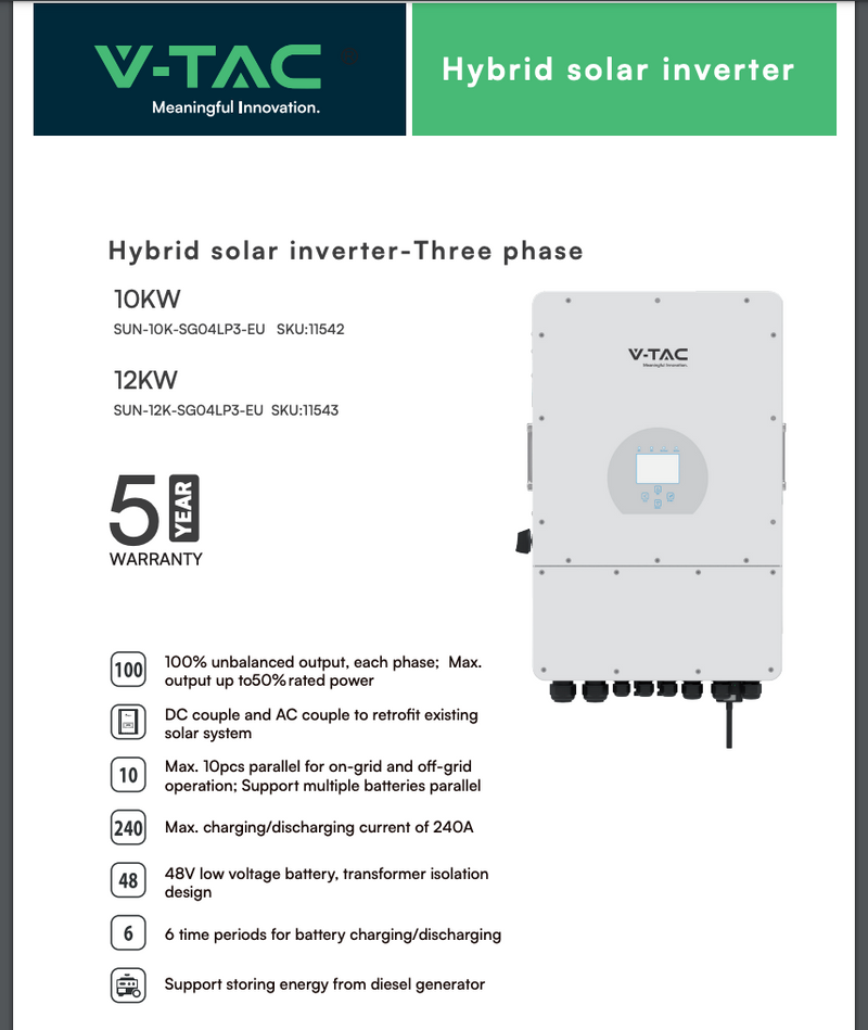 Komplekts 10KW hibrīda invertors solārajai sistēmai,3 fāzes,5gadu garantija+ 10kW/h jeb 10240W Akumulators ar elektronisku LED displeju,izmanto hibrīda saules sistēmai, 200Ah/51.2V,V-TAC zīmols, 5 gadu garantija,7000 pilni uzlādes cikli