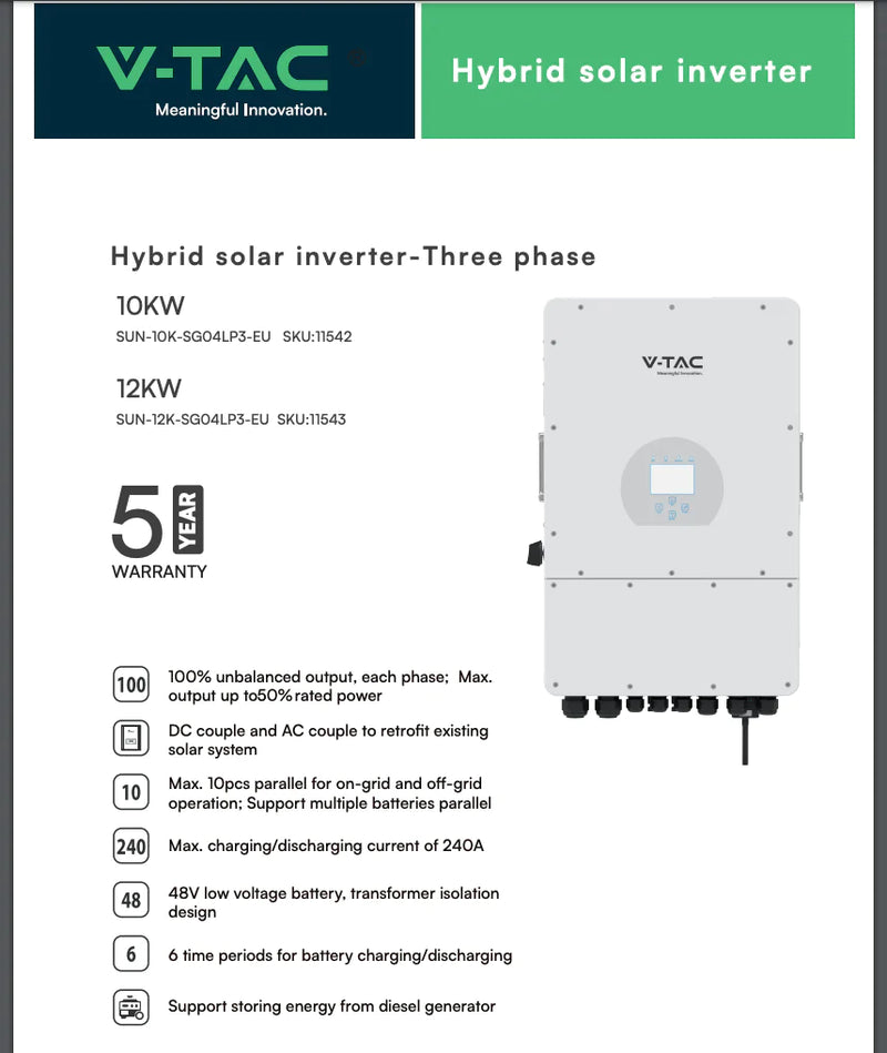 Komplekts 22x450w paneļi un 10KW hibrīda invertors solārajai sistēmai,3 fāzes,5gadu garantija+ 5kW/h jeb 5120W Akumulators ar elektronisku LED displeju,izmanto hibrīda saules sistēmai, 200Ah/51.2V,V-TAC zīmols, 5 gadu garantija,7000 pilni uzlādes cikli