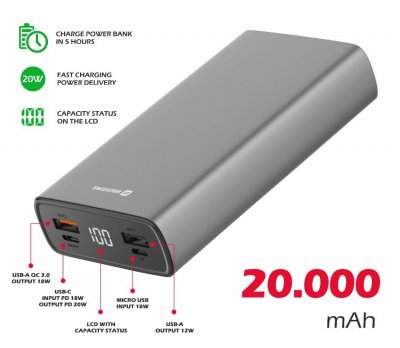 Alumīnija Power Banka Ārējās Uzlādes Baterija 2xUSB / USB-C / Micro USB / 20W / 20000 mAh