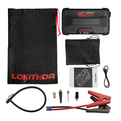 Auto, Moto, Boat Starter (Booster) Lokithor 12V with 2000A startup power, built-in compressor, starter wires, LED lamp, charging dock C-type USB.