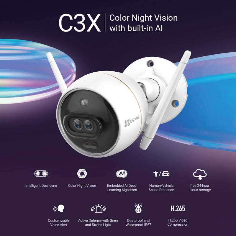 Wi-Fi ārtelpu videonovērošanas kamera C3X ar diviem objektīviem. Mitrumizturīga IP67, cilvēku un transportlīdzekļu atpazīšanas sistēma, krāsaina nakts redzamība. Savienojama ar viedierīcēm. Iebūvēts mikrofons un skaļrunis attālinātai saziņai. Ezviz
