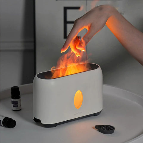 Air humidifier with flame effect and remote control. Volume 250ml operation up to 13 hours. It is possible to add essential oils. White colour